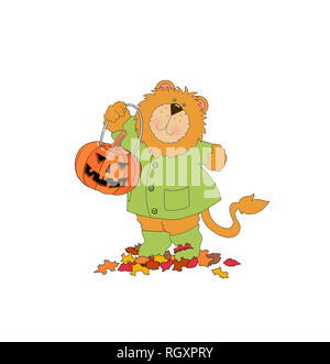 Illustration of a cute lion wearing clothes and holding a jack-o-lantern on a white background Stock Photo