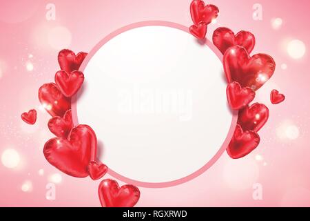 Heart shaped balloons with copy space on pink bokeh background in 3d illustration Stock Vector