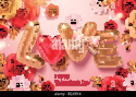 Happy Valentine's day with L.O.V.E and heart shaped balloons in 3d illustration Stock Vector