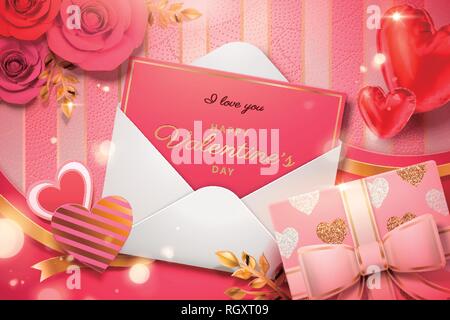Valentine's day card in envelope with paper flowers and gift box in 3d illustration Stock Vector