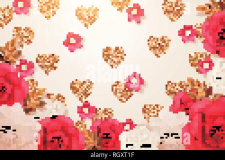 Paper flowers in red and white on heart shaped background, 3d illustration Stock Vector