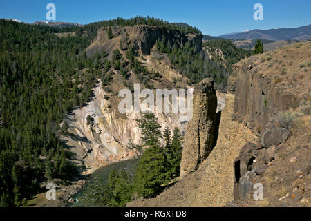 WYOMING - Columnar basalt and a pinnacle along the Canyon of the Yellowstone River located across from Calcite Spring in Yellowstone National Park. Stock Photo