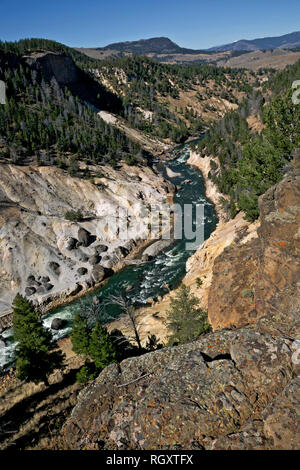 Overlooking the Calcite Springs in the Canyon of the Yellowstone River from the Yellowstone River Picnic Area Trail in Yellowstone National Park. Stock Photo