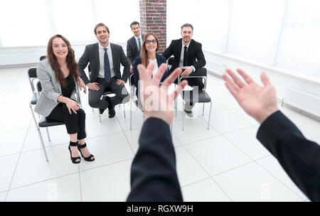 businesswoman, teacher or mentor coach speaking to young people Stock Photo