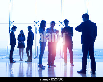 silhouettes of asian corporate executives standing in front of windows discussing business using laptop computer. Stock Photo