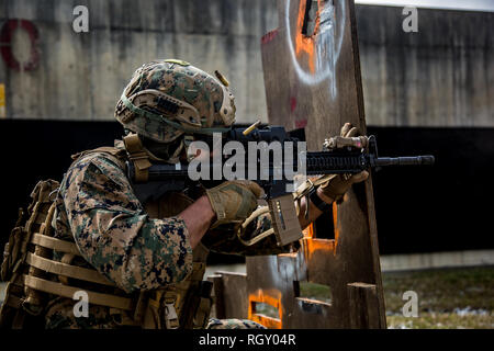 Marines with 3rd Reconnaissance Battalion, 3rd Marine Division, practice live-fire barricade drills on Camp Hansen, Okinawa, Japan, Jan. 29, 2019. The training is designed to improve the unit’s reaction to fire between small openings in walls, as well as to improve overall mission readiness. (U.S. Marine Corps photo by Lance Cpl. D’Angelo Yanez) Stock Photo