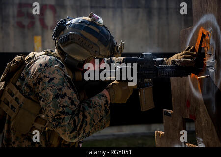 Marines with 3rd Reconnaissance Battalion, 3rd Marine Division, practice live-fire barricade drills on Camp Hansen, Okinawa, Japan, Jan. 29, 2019. The training is designed to improve the unit’s reaction to fire between small openings in walls, as well as to improve overall mission readiness. (U.S. Marine Corps photo by Lance Cpl. D’Angelo Yanez) Stock Photo