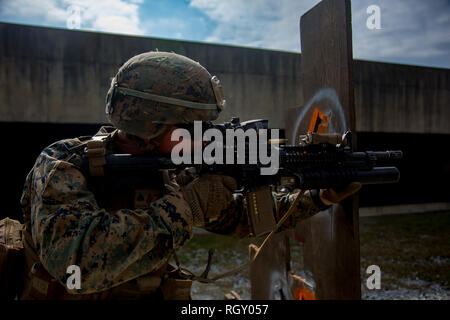 Marines with 3rd Reconnaissance Battalion, 3rd Marine Division, train Marines with 1st Battalion, 3rd Marines, Currently attached to 3rd Marine Division, on live-fire barricade drills on Camp Hansen, Okinawa, Japan, Jan. 29, 2019. The training is designed to improve the unit’s reaction to fire between small openings in walls as well as to improve overall mission readiness. (U.S. Marine Corps photo by Lance Cpl. D’Angelo Yanez) Stock Photo