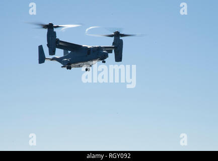 190119-M-HP260-0025 PACIFIC OCEAN (Jan. 19, 2019) An MV-22 Osprey, attached with Marine Medium Tiltrotor Squadron 163 (Reinforced), 11th Marine Expeditionary Unit (MEU), conducts flight operations aboard the amphibious assault ship USS Boxer (LHD 4). The Marines and Sailors of the 11th MEU are conducting routine operations as part of the Boxer Amphibious Ready Group in the eastern Pacific Ocean. (U.S. Marine Corps photo by Gunnery Sgt. Ricardo A. Gomez) Stock Photo