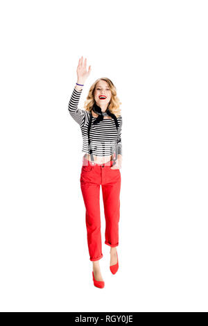 smiling blonde woman waving hand isolated on white Stock Photo