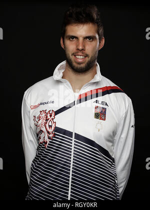 Czech tennis player Jiri Vesely poses for the photographer prior to the Davis Cup tennis tournament qualification between the Czech Republic and the N Stock Photo