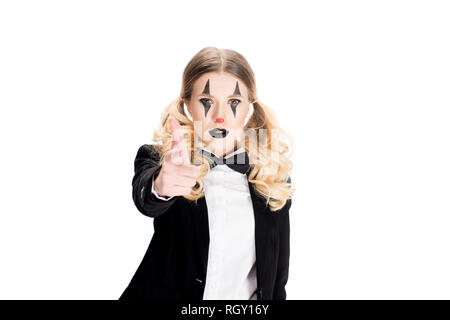 serious female clown in suit looking at camera and pointing with finger isolated on white Stock Photo