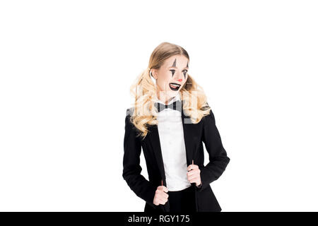 blonde female clown standing in suit isolated on white Stock Photo