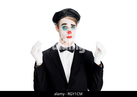 sad clown in black beret isolated on white Stock Photo