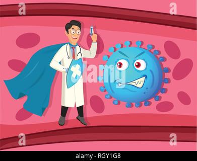 Superhero doctor with a syringe and evil virus around on a human body background Stock Vector