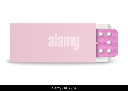 Vector Realistic Packaging of Birth Control Pills in Box Closeup Isolated. Contraceptive Pill, Hormonal Tablets. Design Template of Women Drugs for Stock Vector