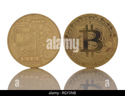 Two BitCoins on white with reflection. Front and back sides are shown. Stock Photo