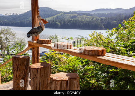 Winter Harbour, Vancouver Island, BC, Canada - August 19, 2018: View on a patio at a restaurant in a small town on the Pacific Ocean Coast. Stock Photo