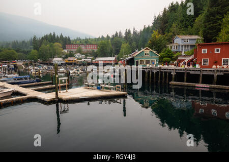 Telegraph Cove, Vancouver Island, BC, Canada - August 20, 2018: Beautiful view on the marina during a foggy day. Stock Photo