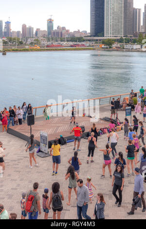 CHICAGO, IL - JULY 10, 2018 - Zumba public performance in Chicago IL by the Pier on Lake Michigan Stock Photo