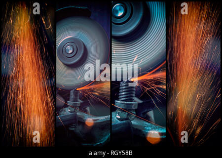 A collage of four photos: a close-up the welder cuts the metal with an angle grinder, the sparks from cutting fly in different directions. Stock Photo