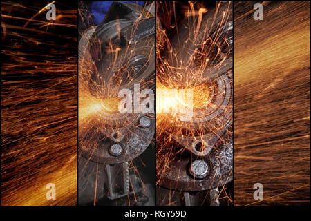 A collage of four photos: a close-up the welder cuts the metal with an angle grinder, the sparks from cutting fly in different directions. Stock Photo