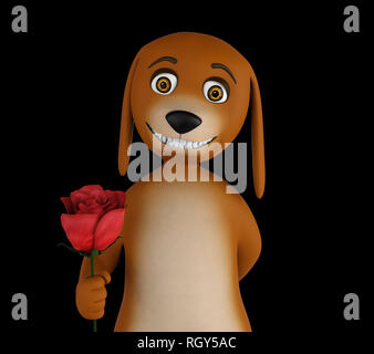 Cartoon valentines dog with a red rose in hand, isolated on black background. 3d render Stock Photo