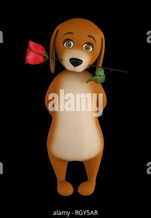 Cartoon valentines dog with a red rose in mouth, isolated on black background. 3d render Stock Photo