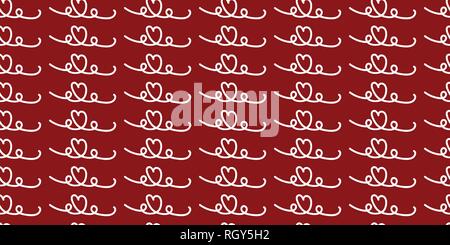 Vector Hand drawn doodle heart line repeat seamless pattern. Pencil scribble sketch pattern . White lines on red background. Stock Vector