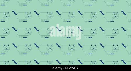 Vector blue cute cartoon cat repeat seamless pattern. Bluecat on blue green background. Stock Vector