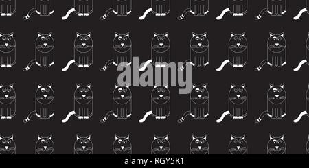 Vector Cute Cartoon Cat repeat Seamless Pattern. White outline cats on black background. Stock Vector