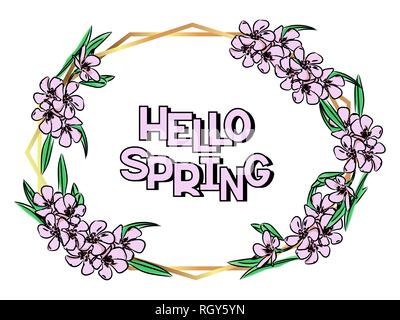 Hello spring card template. Floral frame design. Triangles and geometric golden shapes. Vector illustration. Isolated on white background Stock Vector