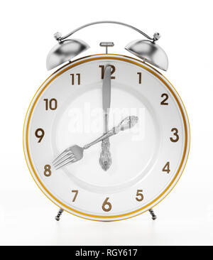 Alarm clock serving plate ith fork and knife. 3D illustration. Stock Photo