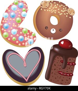 Cartoon vector illustration donut. Hand drawn word LOVE sweet bun. Actual Creative art work bake Stock Vector