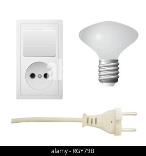 Socket with plug, lightbulb. Set of electrical equipment. Vector illustration. Stock Vector