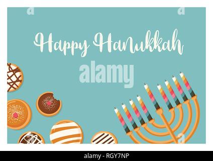 Hanukkah doughnut , Jewish holiday symbol. sweet traditional bake. vector illustration greeting card Stock Vector