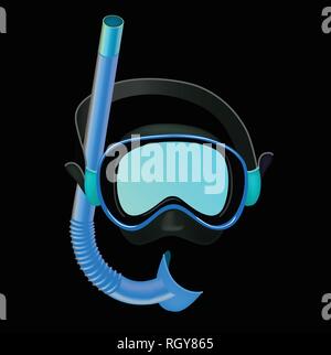 Realistic Blue diving mask on black background, diving tube, swimming equipment, snorkeling Stock Vector