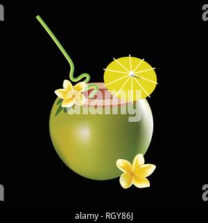 Coconut cocktail vector illustration isolated on black background. Realistic frangipani flower. Stock Vector
