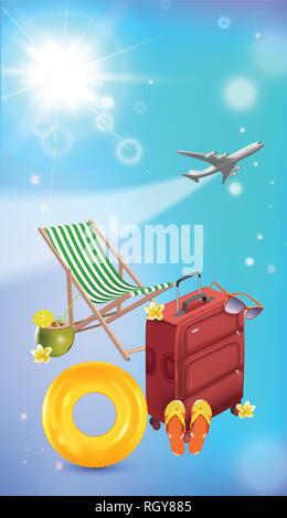 Time To Travel Sale Poster for Advertisement with Travelling 3D Realistic Items Such as bag, chaise lounge, Sunglasses, inflatable ring, flip flops Stock Vector