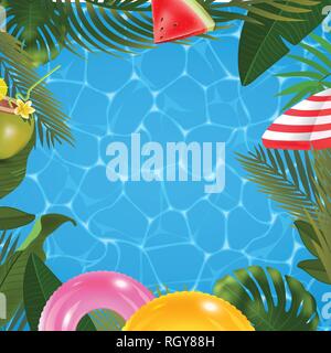 Web summer banner. Green palm leaves template on pool surface background. Summer vector abstract illustration. Realistic picture tropical Paradise for Stock Vector