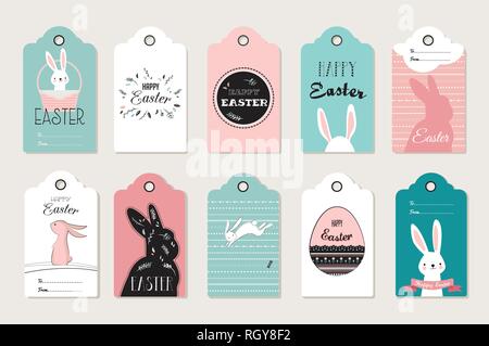 Easter tag collection with bunnies and Easter eggs. Happy Easter Stock Vector