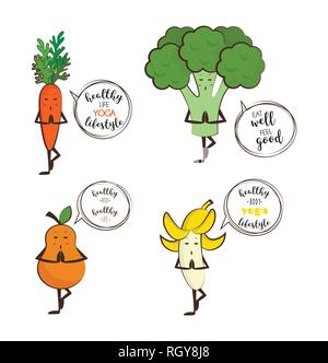 Set of cute fruits and vegetables doing yoga with motivation quotes. vector illustration Stock Vector