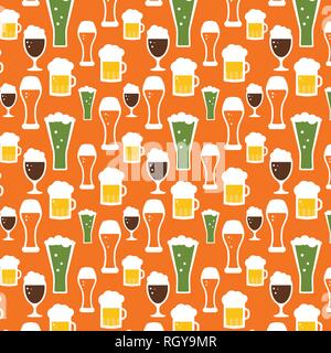 Seamless beer pattern. Beer mugs and glasses on an orange background. Vector illustration Stock Vector