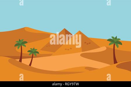 Group of People with Camels Caravan Riding in Realistic Wide Desert Sands in Middle East. Editable Vector Illustration Stock Vector