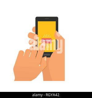 We want your Feedback illustration concept. Hand want to give five star rating on smartphone. Banner for business, promotion and advertising. vector i Stock Vector