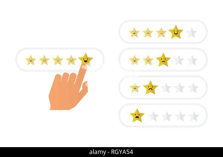 Hand with pointing finger pointing to rating stars. Flat illustration design Stock Vector