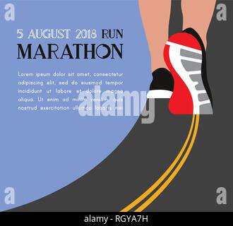 Athlete runner feet running on road closeup on shoe. woman fitness sunrise jog workout wellness concept. vector illustration Stock Vector