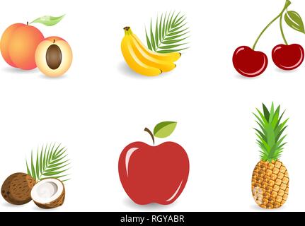 Set of fruits isolated on a white background. Whole and pieces. Banana, pineapple, coconut, peach, apple, cherries. Vector illustration, EPS10. Stock Vector