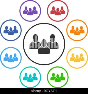 Set of group icons with 3 peoples. Rainbow colors: red, orange, yellow, green, turquoise, blue, dark blue, violet. Style is flat graphic gray and colo Stock Vector