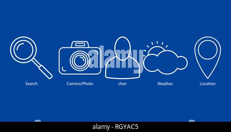 Set of outline icons: search, camera/photo, user, weather, location on blue background. Vector illustration, EPS10. Stock Vector